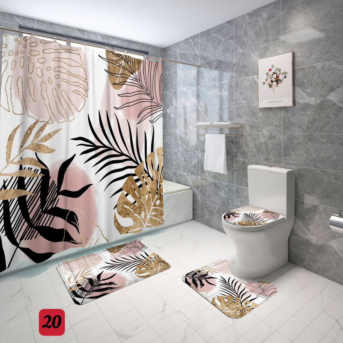 GENERICO - SET de baño COMPLETO 4 piezas CON DISEÑO HOJITAS 20 WYM