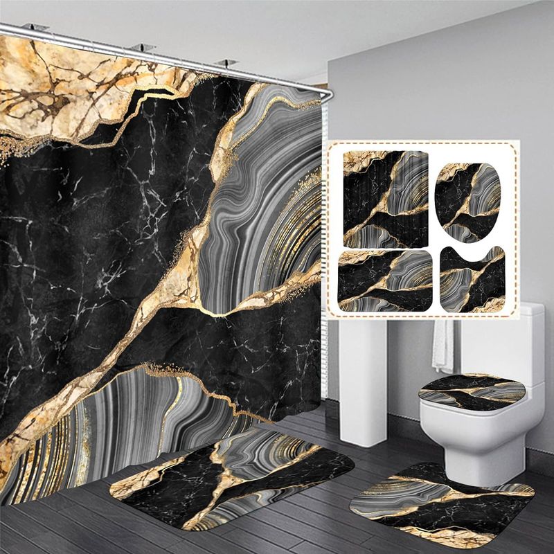 GENERICO - SET de baño COMPLETO 4 piezas CON DISEÑO NEGRO PORCELANATO WYM