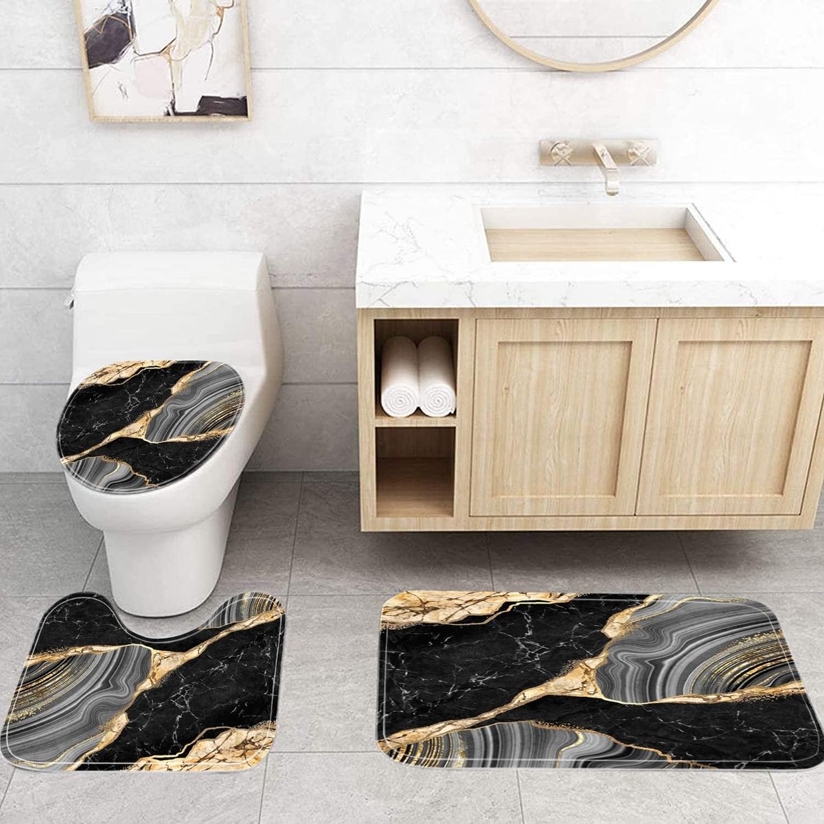 GENERICO - SET de baño COMPLETO 4 piezas CON DISEÑO NEGRO PORCELANATO WYM