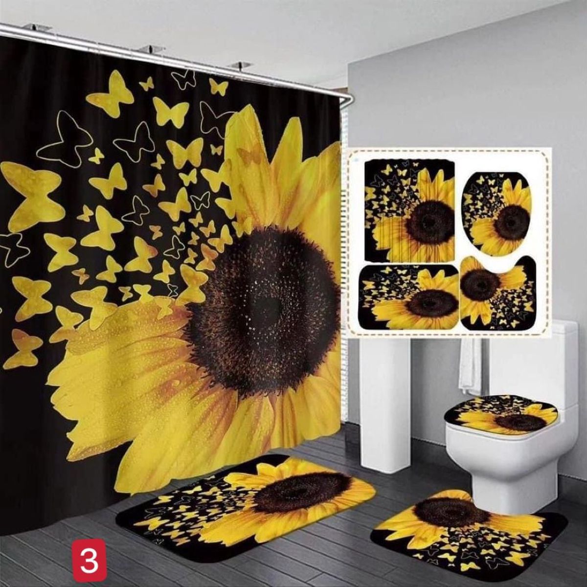GENERICO - SET de baño COMPLETO 4 piezas CON DISEÑO NEGRO GIRASOLES WYM