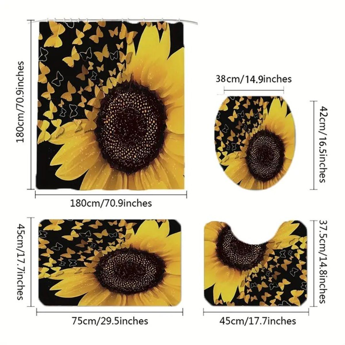 GENERICO - SET de baño COMPLETO 4 piezas CON DISEÑO NEGRO GIRASOLES WYM