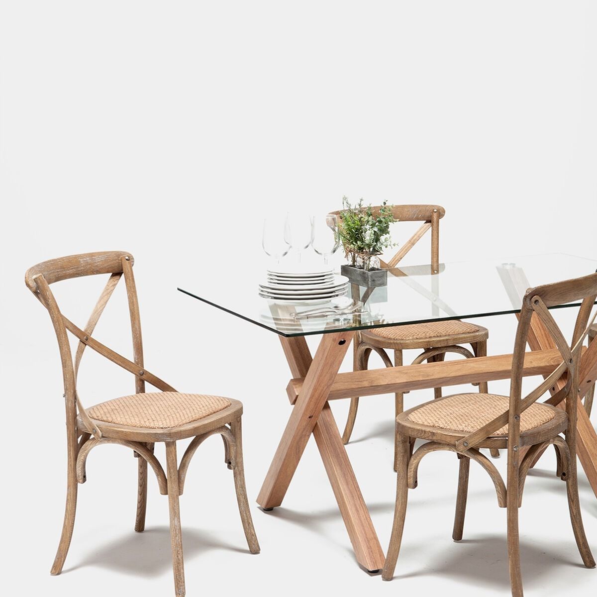 CORI CORI - Comedor Medlock Vidrio 140x90cm + 4 Sillas Crossback de Madera