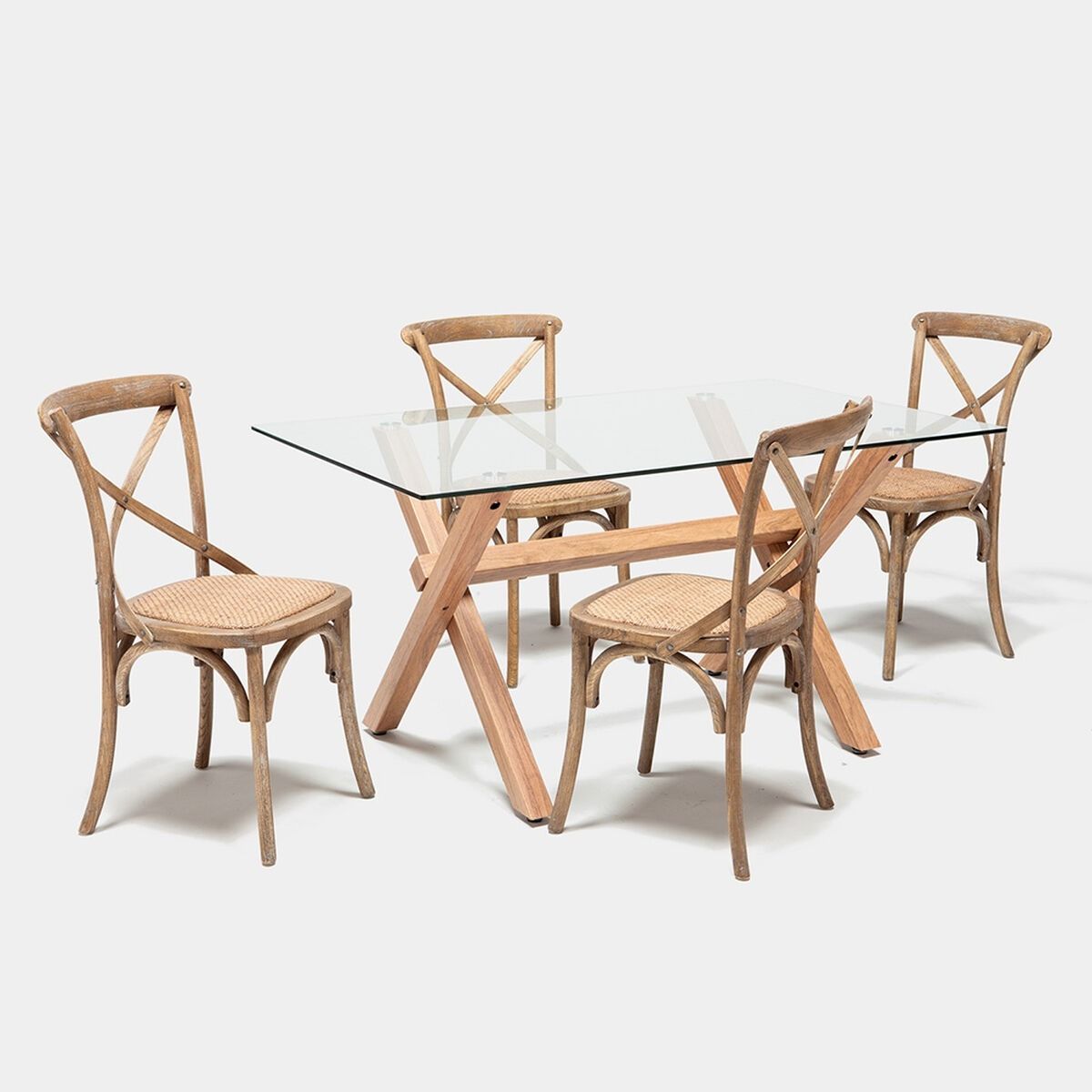 CORI CORI - Comedor Medlock Vidrio 140x90cm + 4 Sillas Crossback de Madera