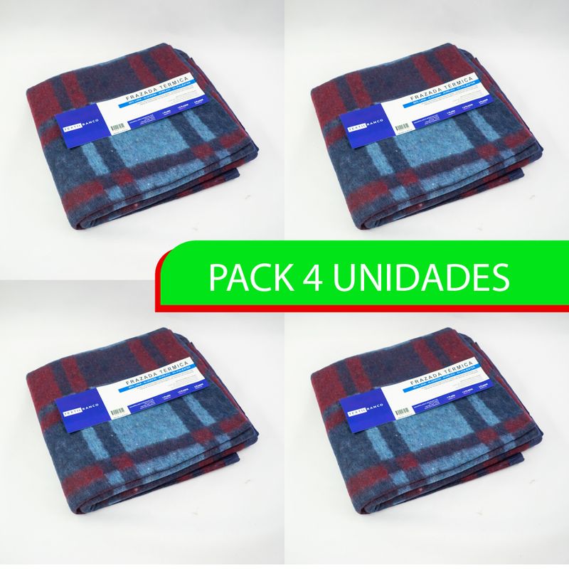 TEXTIL RANCO - Frazada Térmica Escocesa PACK 4 Azul1,5 plazas 450g