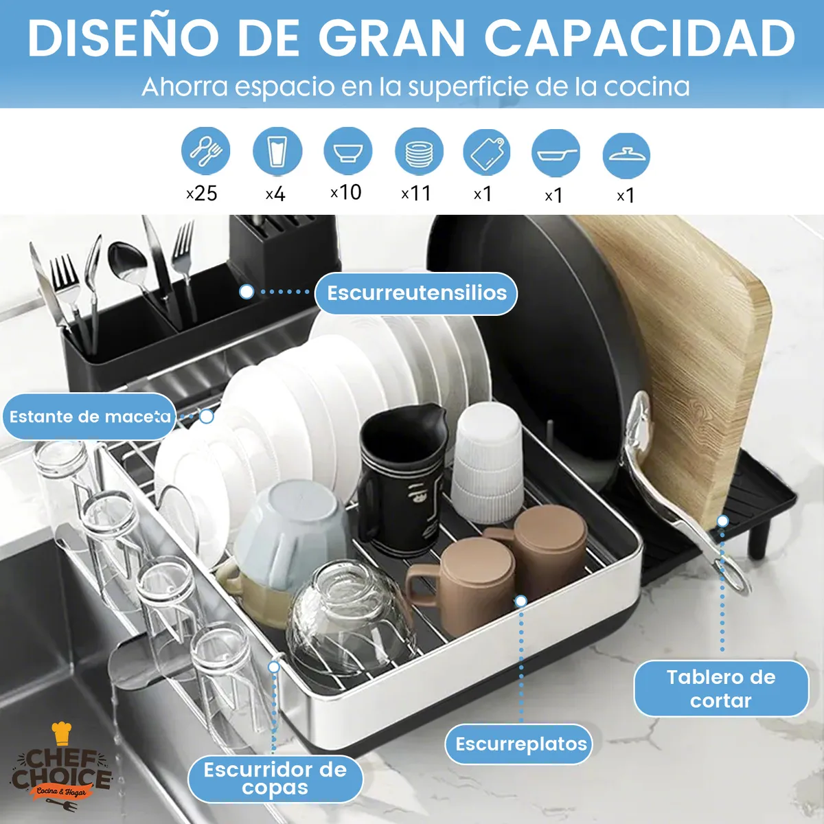 CHEFCHOICE - Secaplatos Escurridor Secador De Loza Extendible Acero Inoxidable