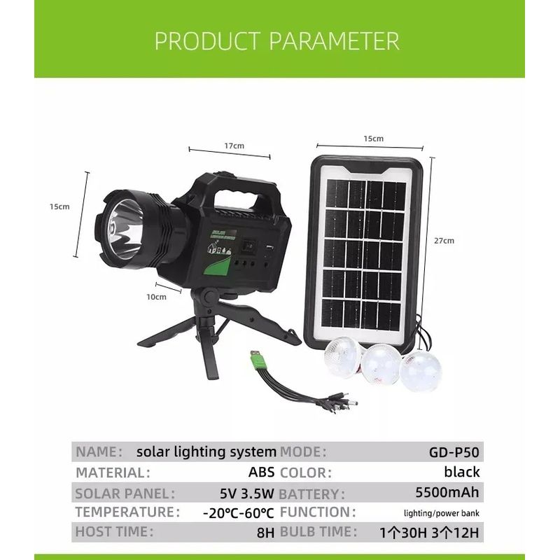 GENERICO - Kit Solar Emergencia Camping 220v Usb 3 Ampolletas Linterna Color Negro