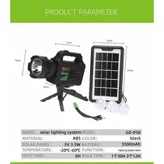 GENERICO - Kit Solar Emergencia Camping 220v Usb 3 Ampolletas Linterna Color Negro