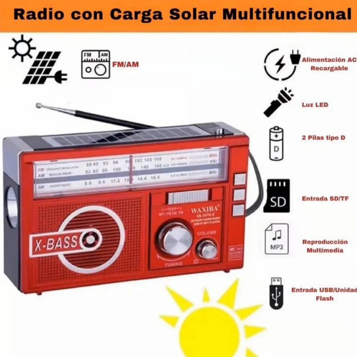 GENERICO - RADIO AM-FM, CON LINTERNA, CON PANEL SOLAR, A PILAS Y RECARGABLE A 220