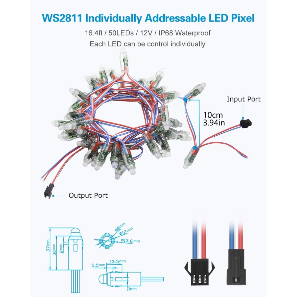 GENERICO - Led Pixel Digital WS2811 RGB 12V 15W IP65 50 Puntos 375cm