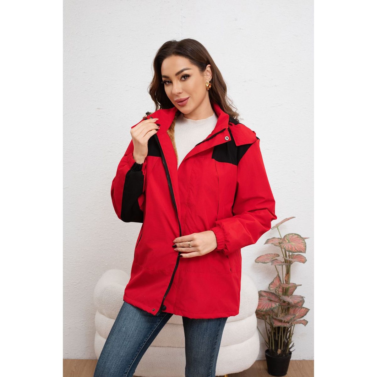 LIKE SHOP - Chaqueta Mujer Cortaviento Impermeable Forro Interior Piel Capucha 007
