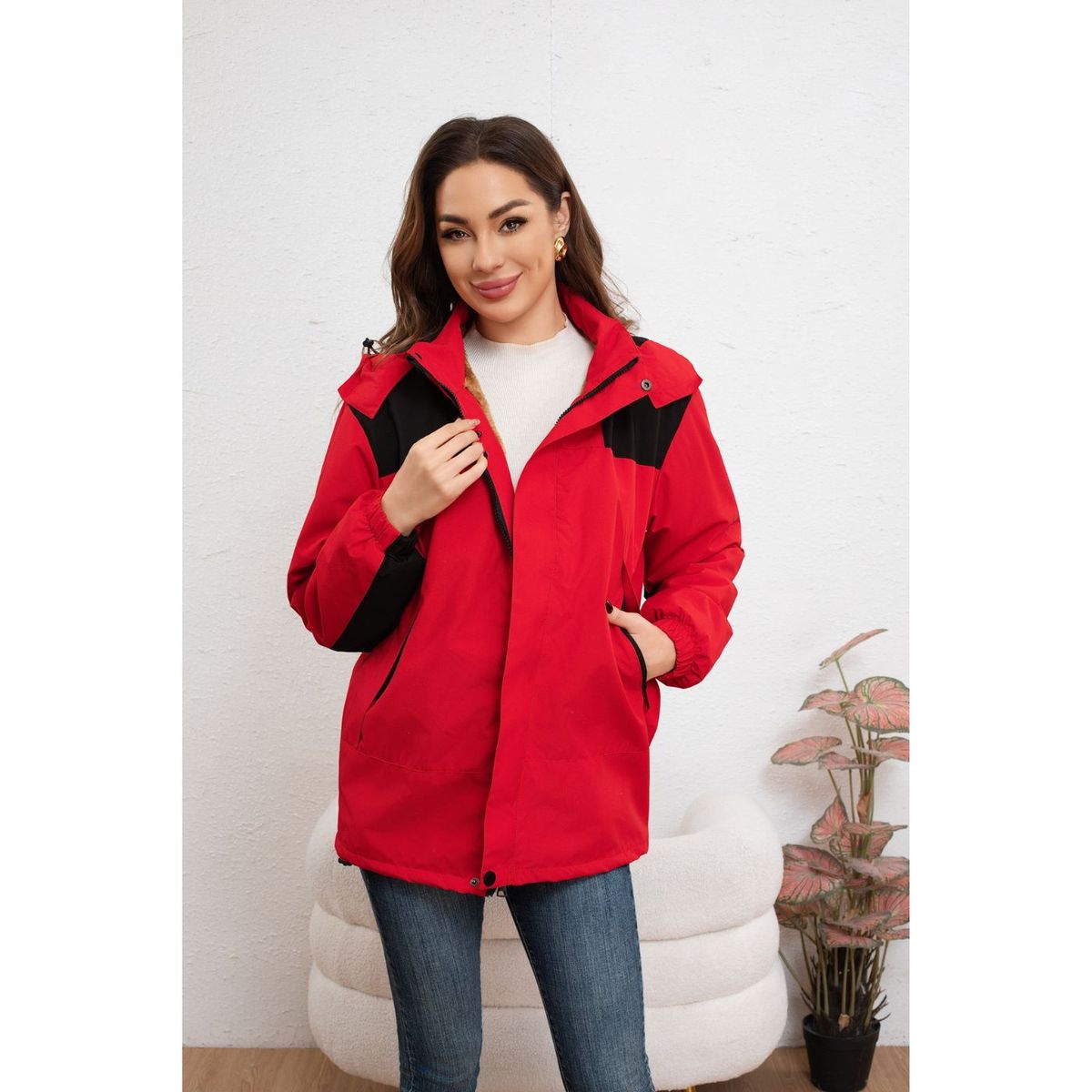 LIKE SHOP - Chaqueta Mujer Cortaviento Impermeable Forro Interior Piel Capucha 007