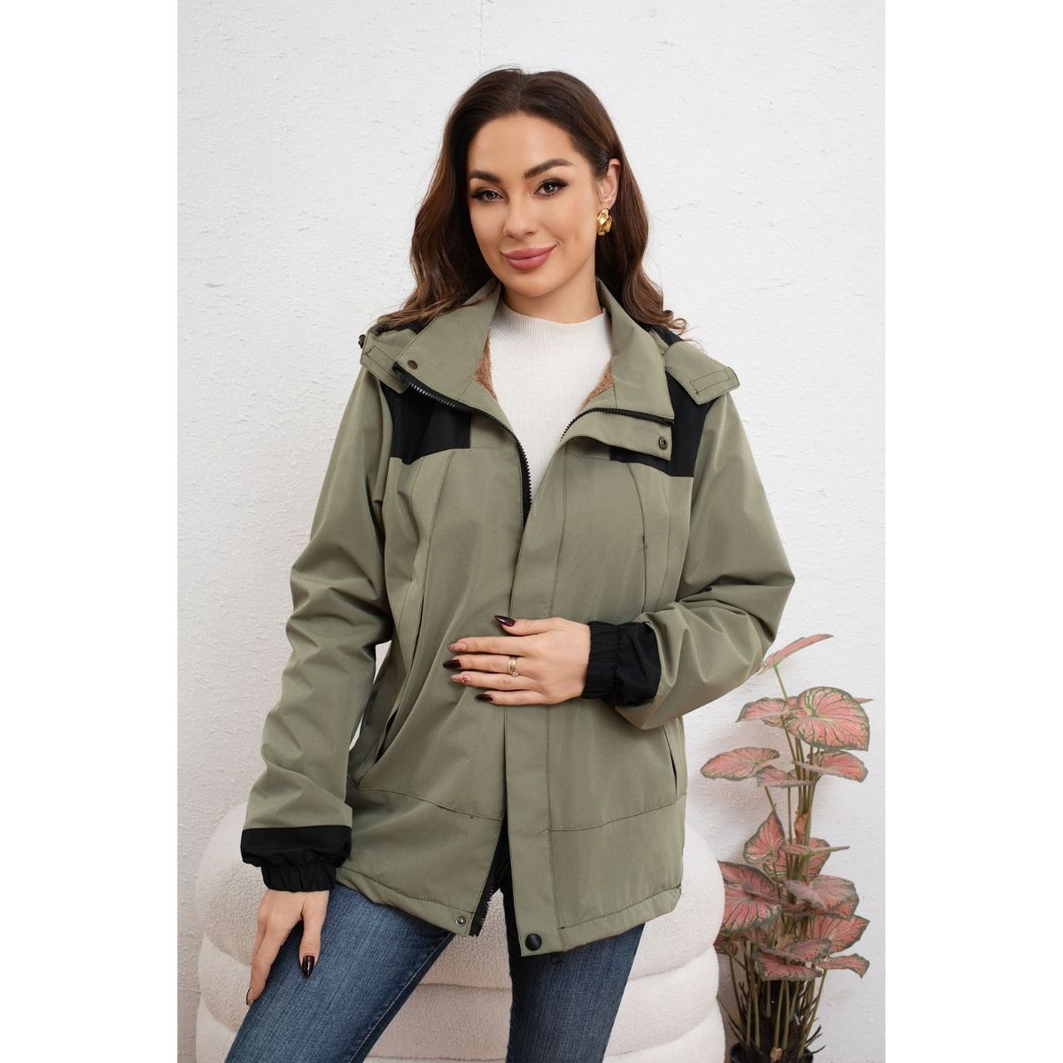 LIKE SHOP - Chaqueta Mujer Cortaviento Impermeable Forro Interior Piel Capucha 007