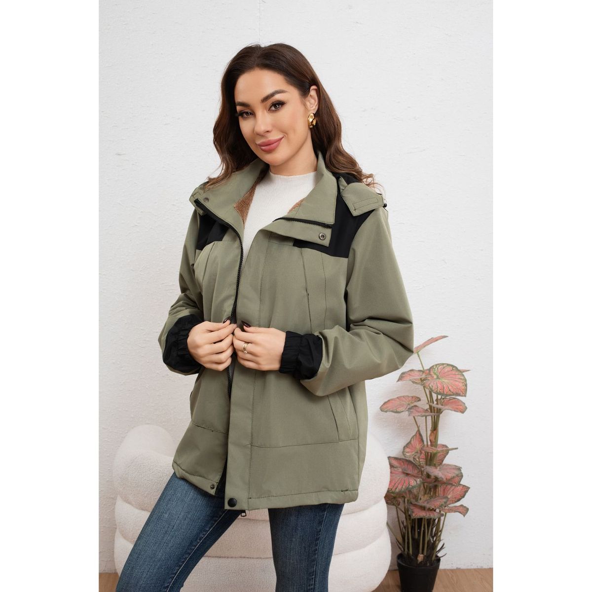 LIKE SHOP - Chaqueta Mujer Cortaviento Impermeable Forro Interior Piel Capucha 007