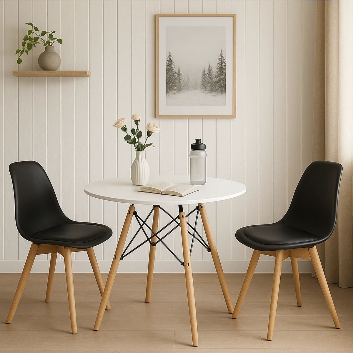 CORI CORI - Juego de Comedor Mesa 80cms Blanca + 2 Sillas Tulip Negra