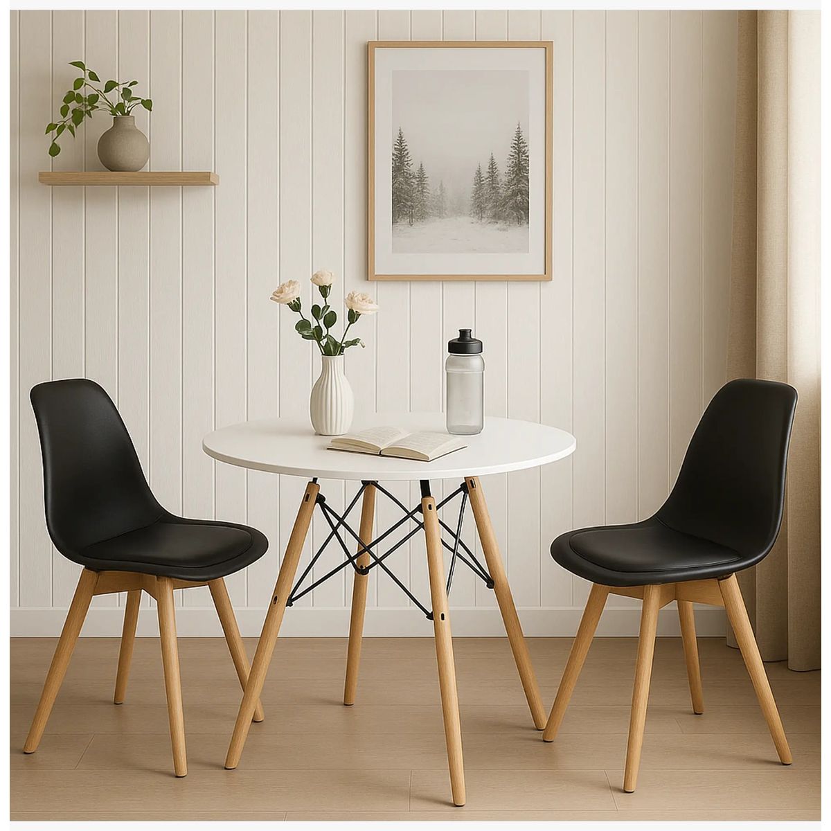 CORI CORI - Juego de Comedor Mesa 80cms Blanca + 2 Sillas Tulip Negra