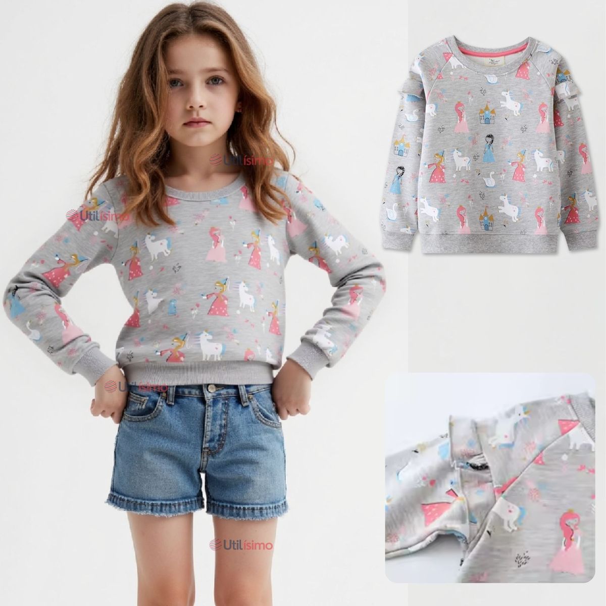 JUMP KIDS - Polerón Algodón Cuello Redondo Niña Gris Princesas