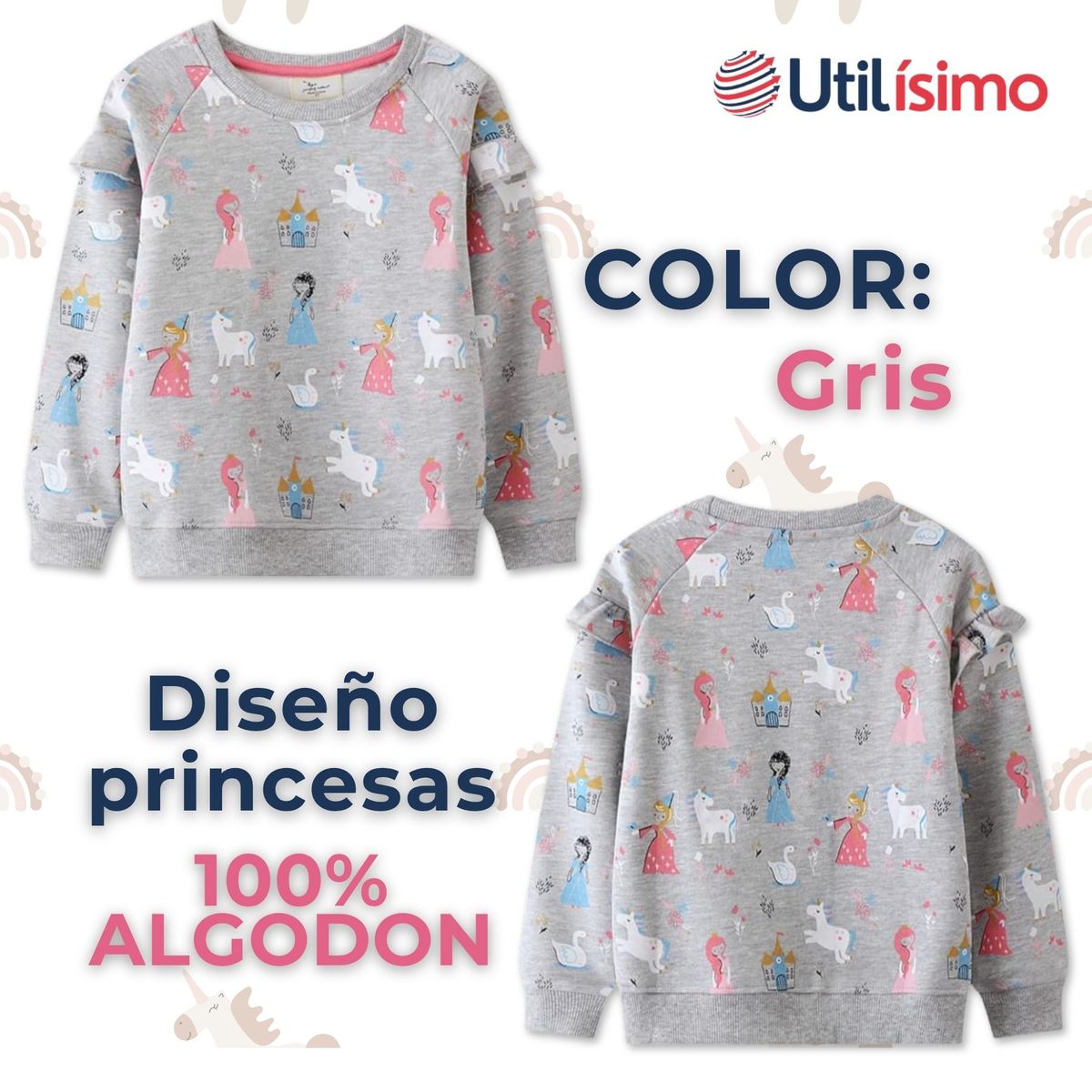 JUMP KIDS - Polerón Algodón Cuello Redondo Niña Gris Princesas