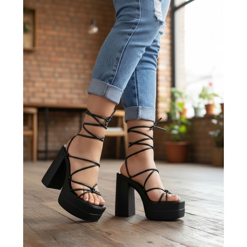 SNOOPY - Sandalias Negras  Tiras  Mujer  Taco Alto con Plataforma M429 (Horma Chica)