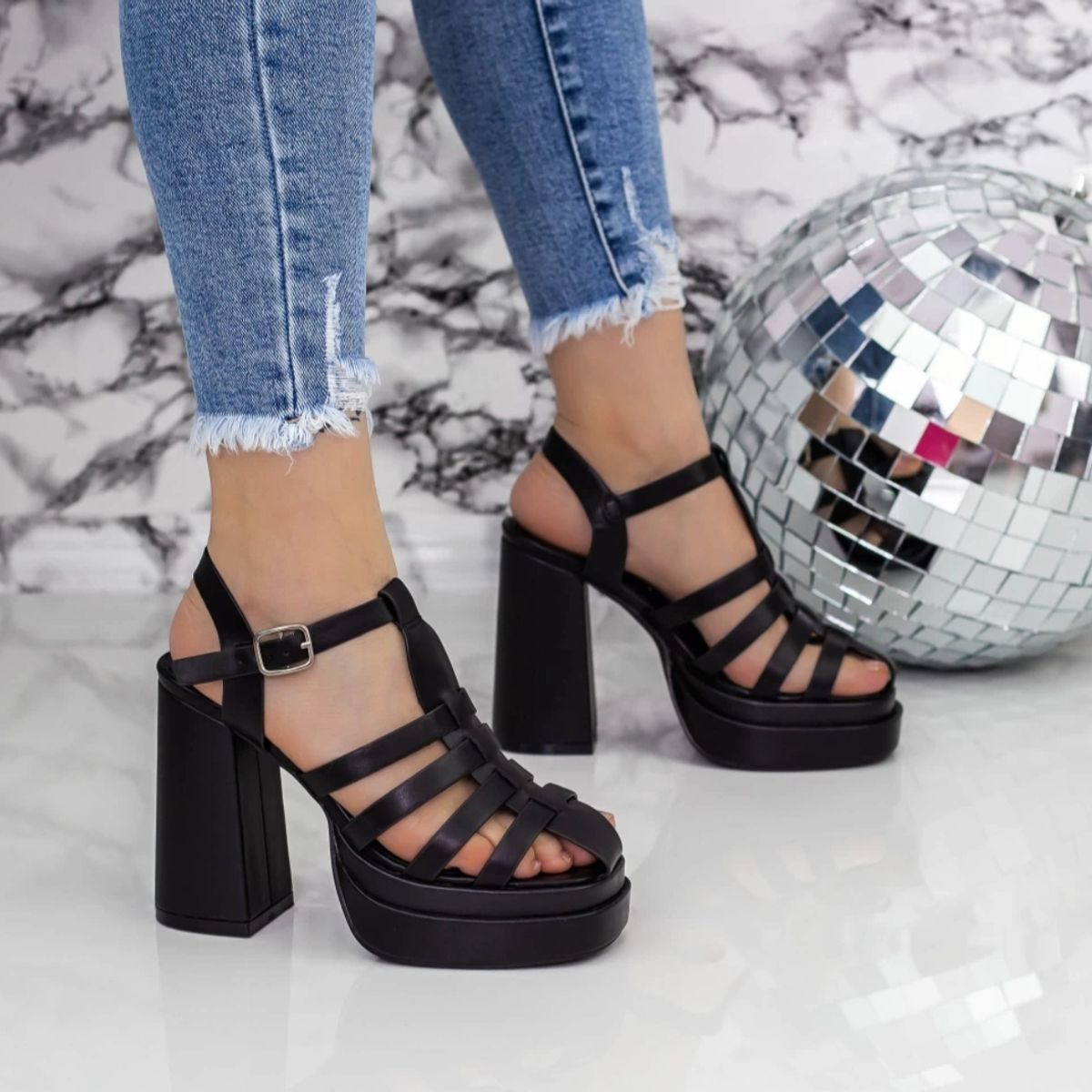 SNOOPY - Sandalias Negras  Mujer  Taco Alto con Plataforma M398