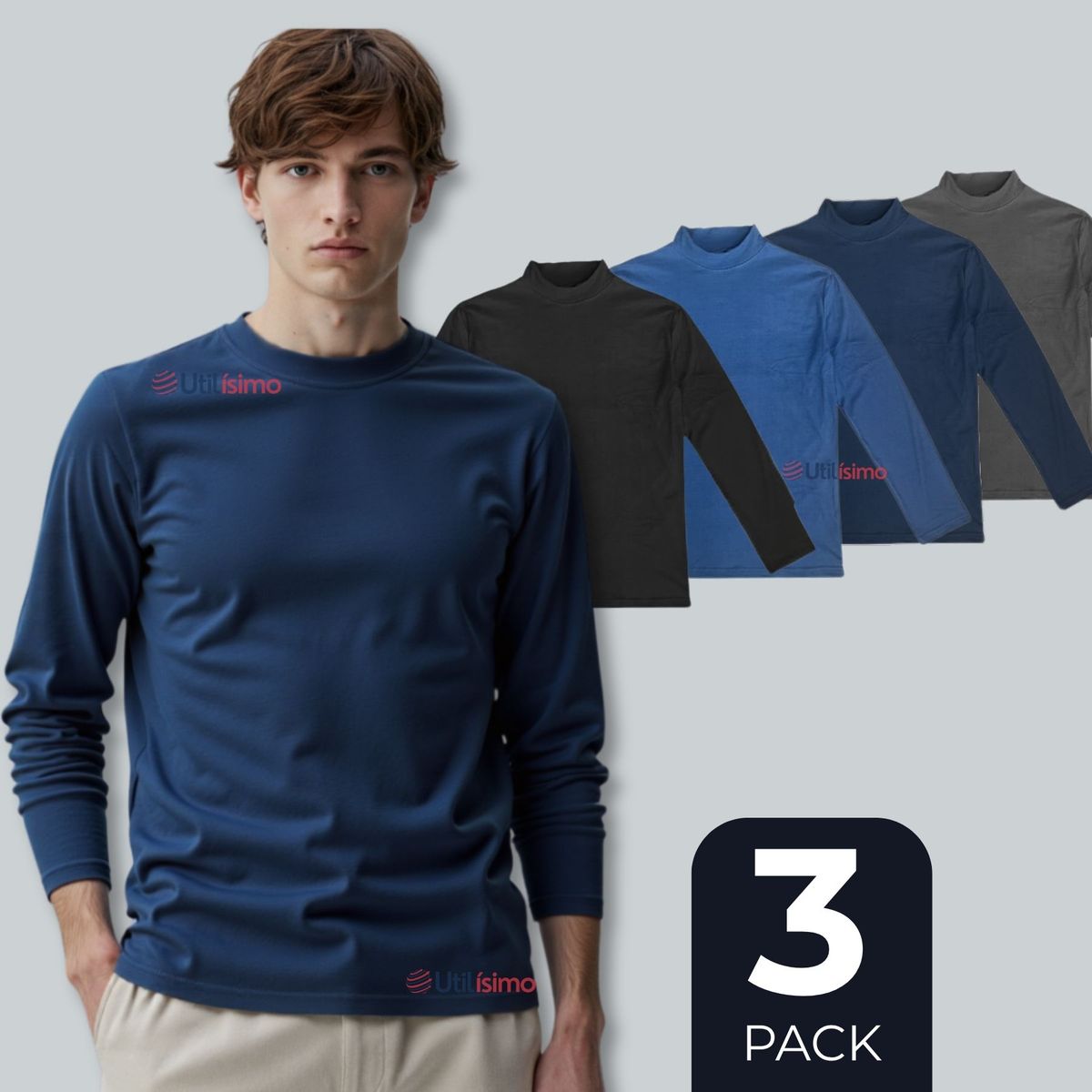 UTILISIMO - Pack 3 Camiseta Cuello Beatle Polar Manga Larga Primera Capa Hombre