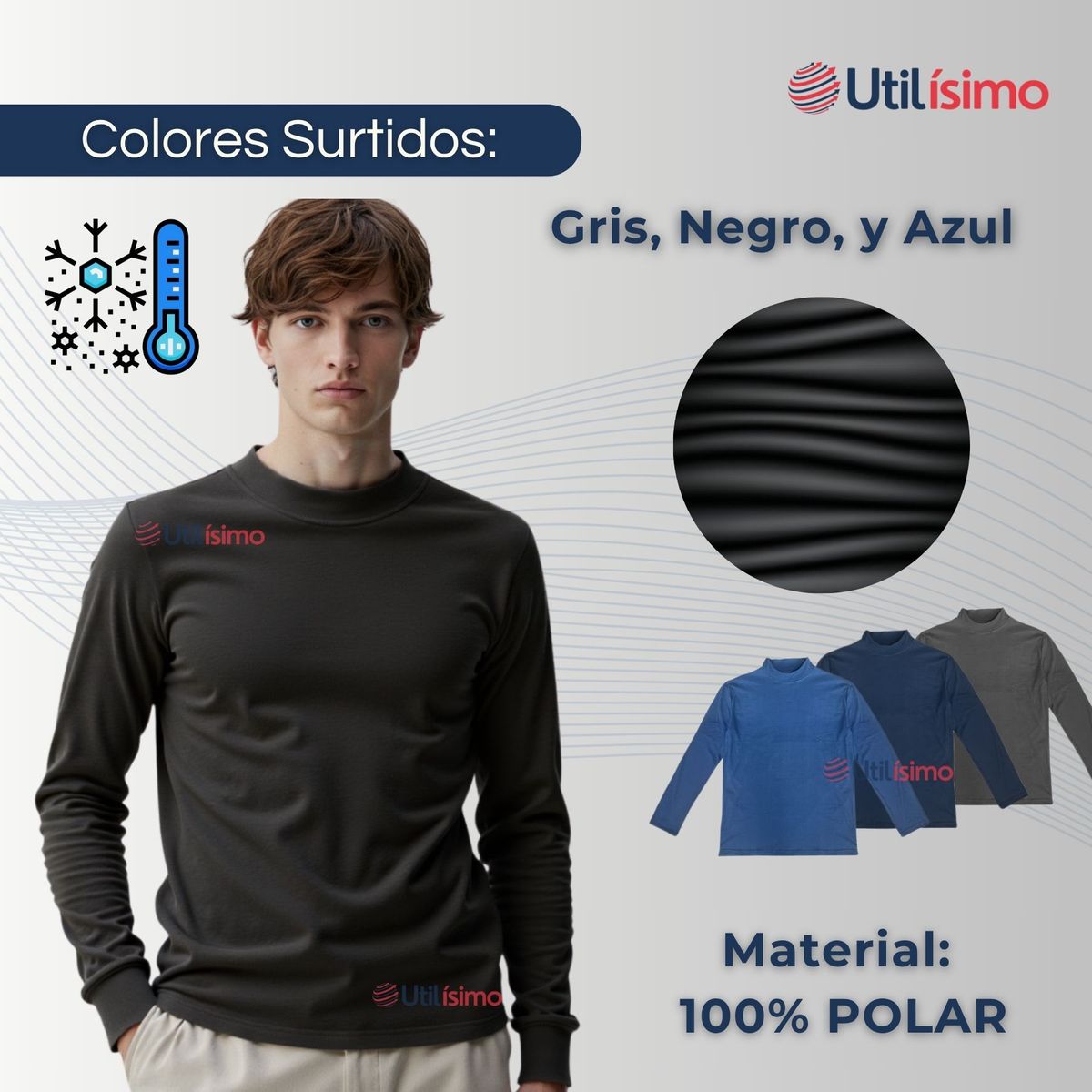 UTILISIMO - Pack 3 Camiseta Cuello Beatle Polar Manga Larga Primera Capa Hombre