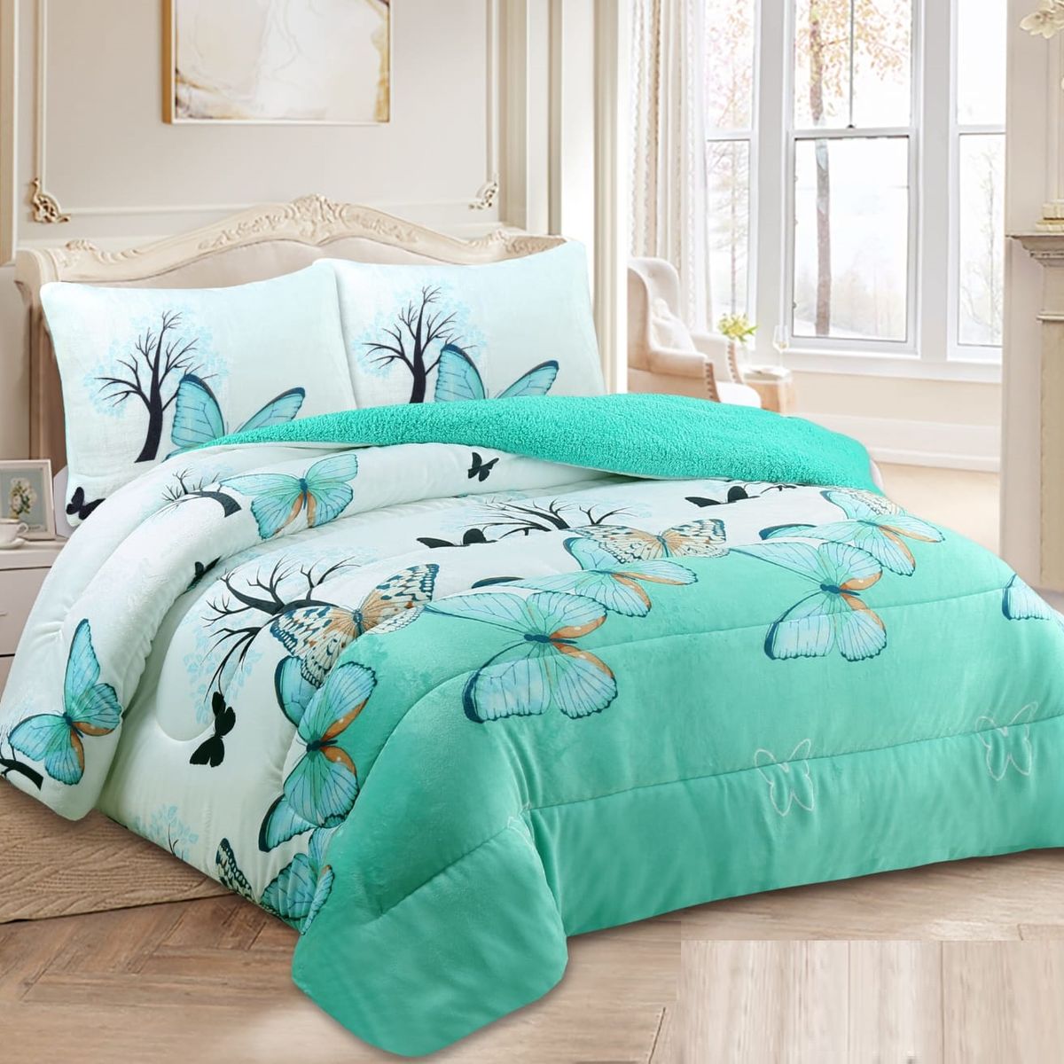 GENERICO - COBERTOR CON CHIPORRO DISEÑO MARIPOSA TURQUESA 2 PLAZA MAXIHOGAR