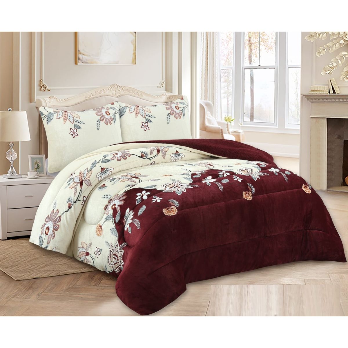 GENERICO - COBERTOR CON CHIPORRO DISEÑO BURDEO FLOR 2 PLAZA MAXIHOGAR