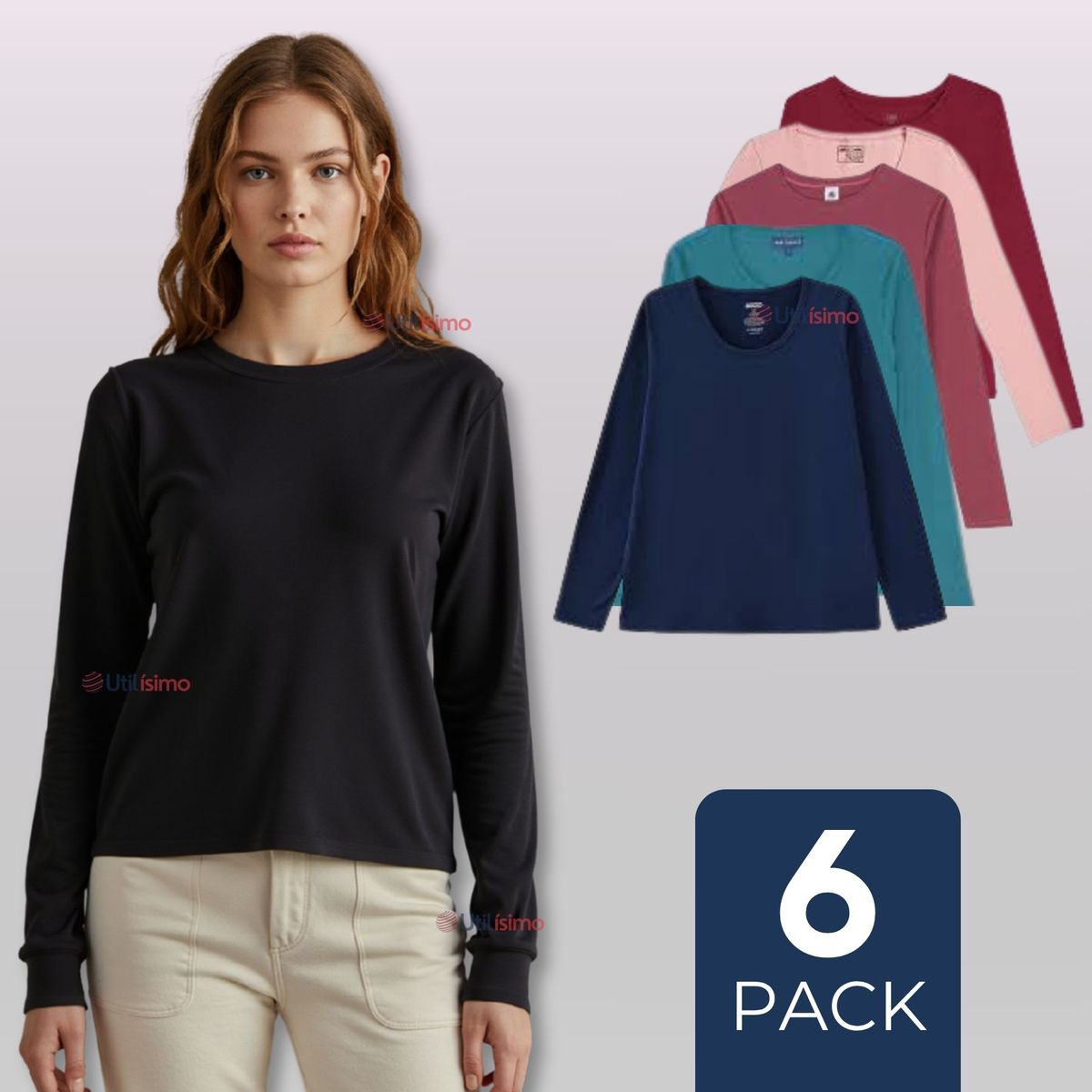 UTILISIMO - Pack 6 Camiseta Polar Manga Larga Primera Capa Mujer Polera