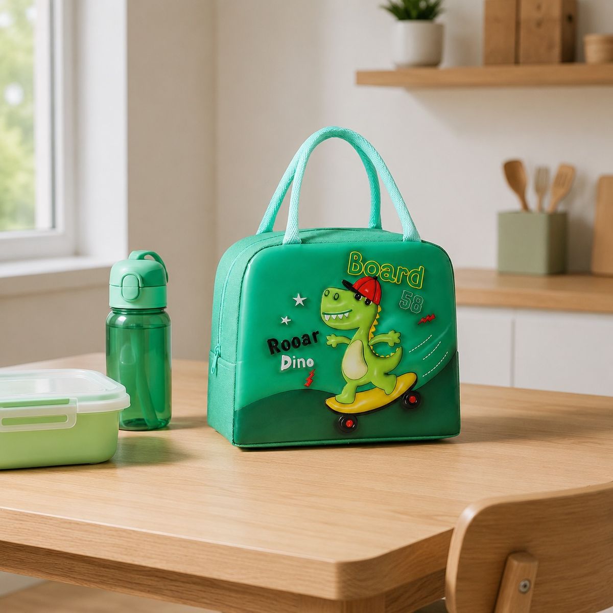 HOMESTAR - Lonchera térmica infantil verde con diseño de dinosaurio skater