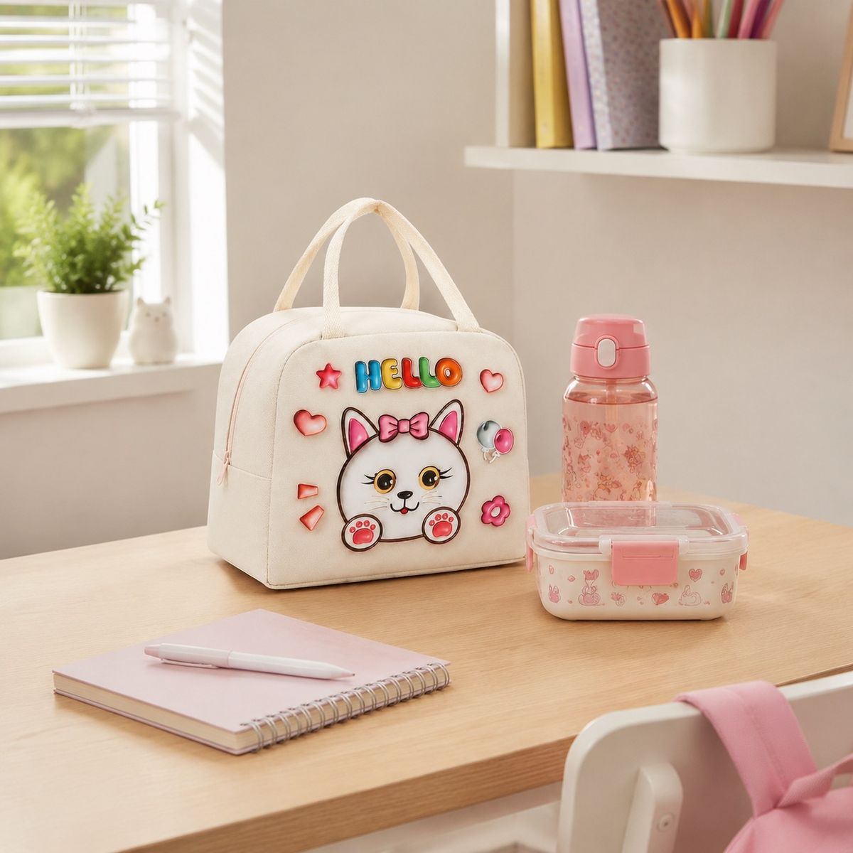 HOMESTAR - Lonchera térmica infantil gatita blanco crema
