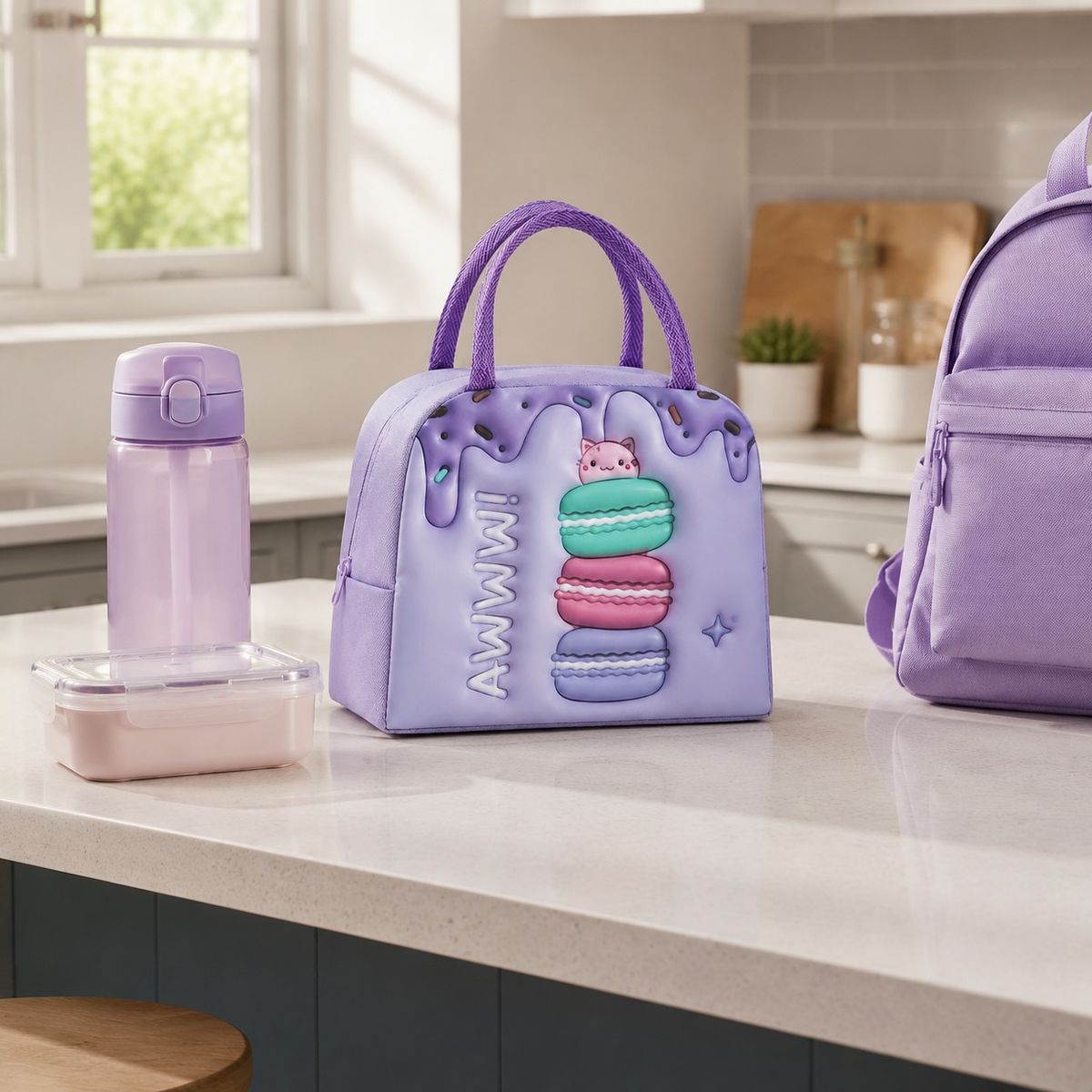 HOMESTAR - Lonchera térmica infantil lavanda macarons gatito
