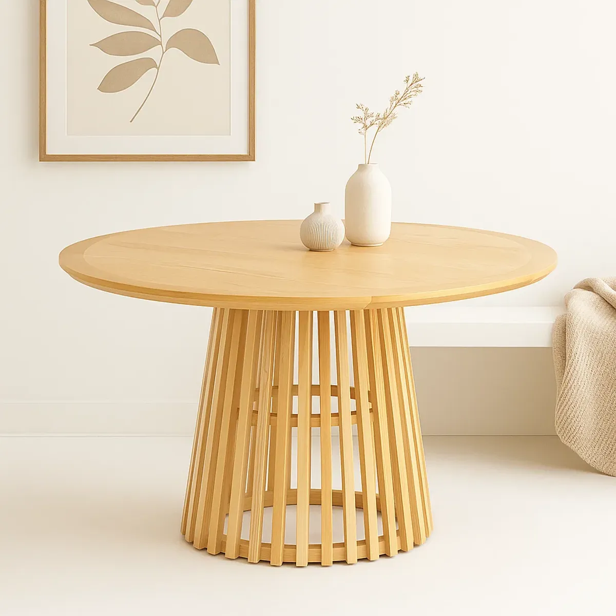 KLIK - Mesa Redonda de 120 cm Madera Natural con Base Estilo Rejilla - Café