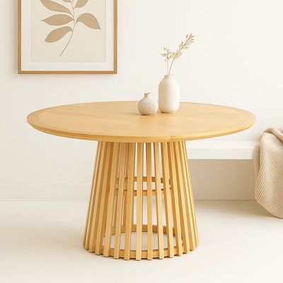 Imagen 2 del producto Mesa Redonda de 120 cm Madera Natural con Base Estilo Rejilla - Café