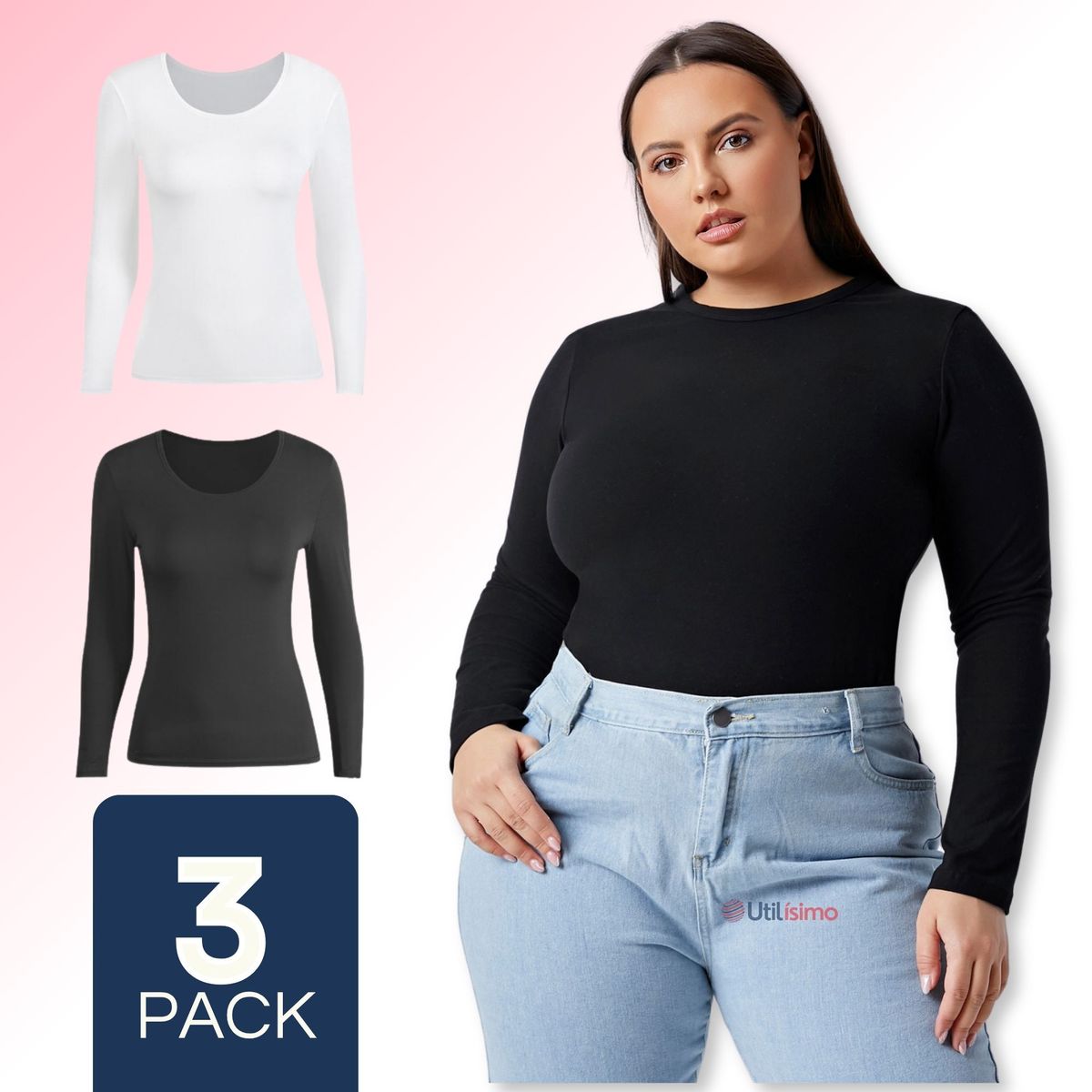 UTILISIMO - Pack 3 Camiseta Polar Manga Larga Primera Capa Mujer Blanco y Negro