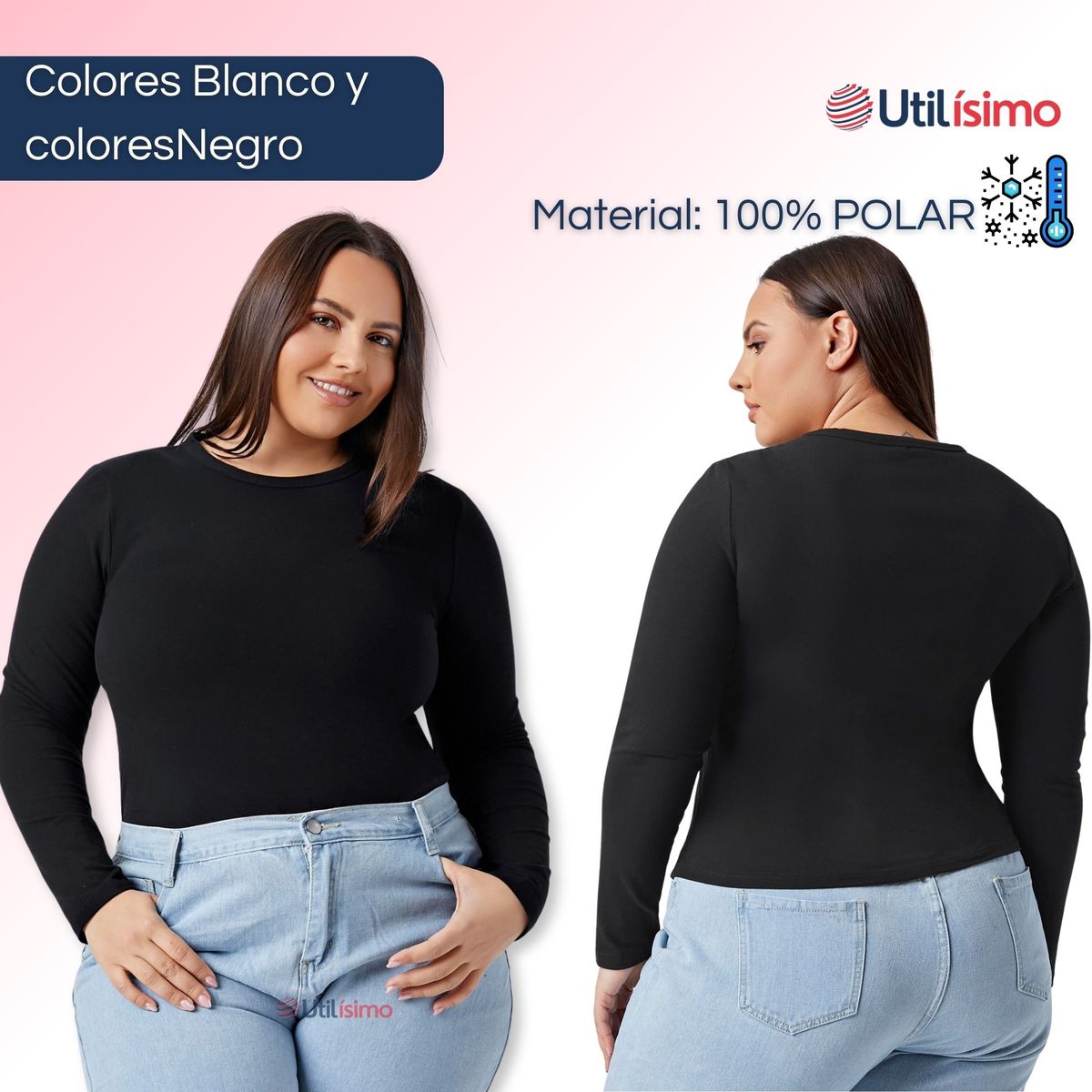 UTILISIMO - Camiseta Polar Manga Larga Primera Capa Mujer polera Blanco y Negro