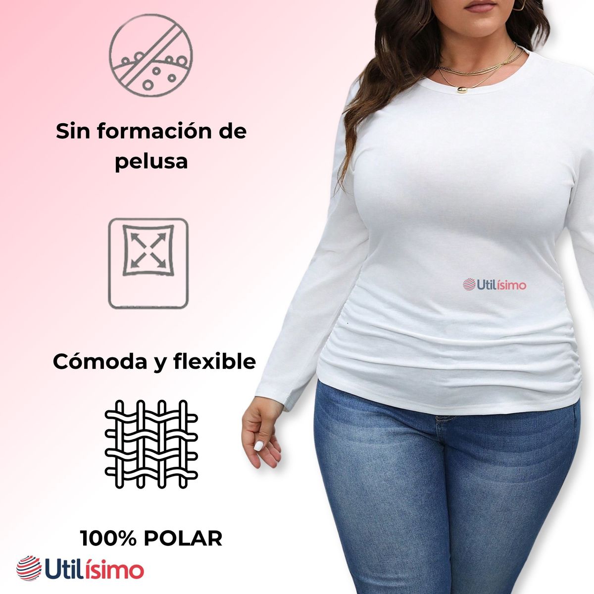 UTILISIMO - Camiseta Polar Manga Larga Primera Capa Mujer polera Blanco y Negro