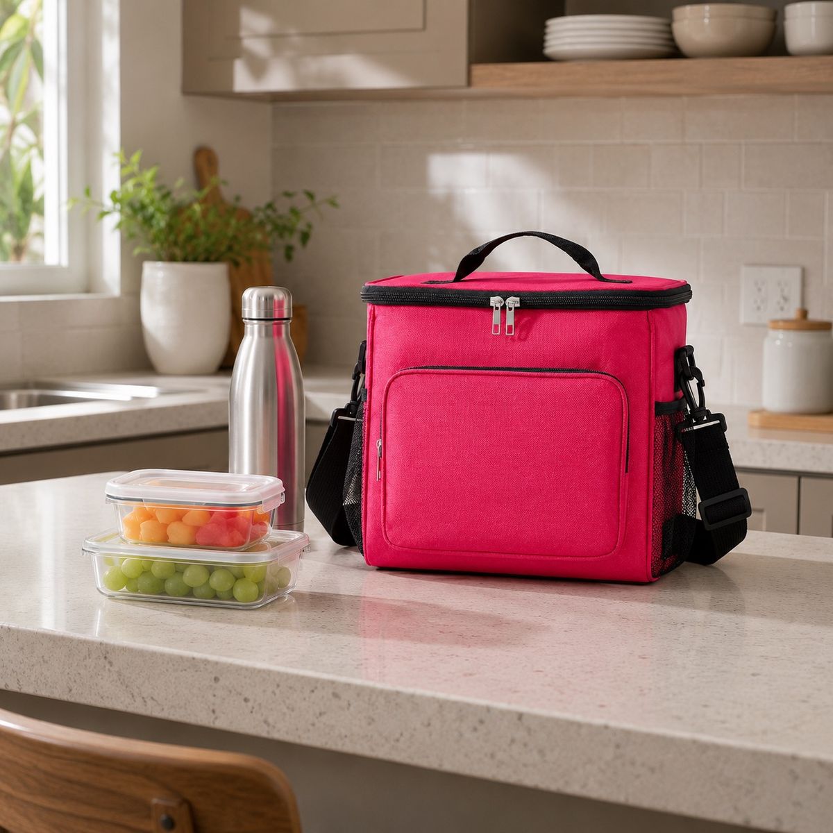 HOMESTAR - Lonchera térmica rectangular rosa con correa