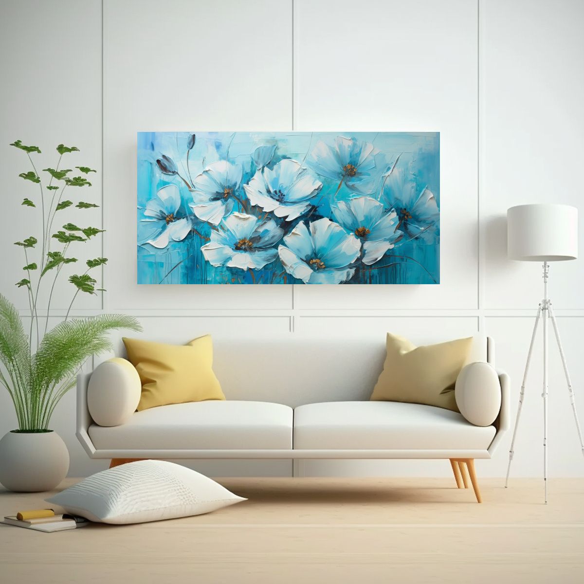 GENERICO - Pintura Turquesa De Flores En Lienzo Inspiración 60x30 Cm