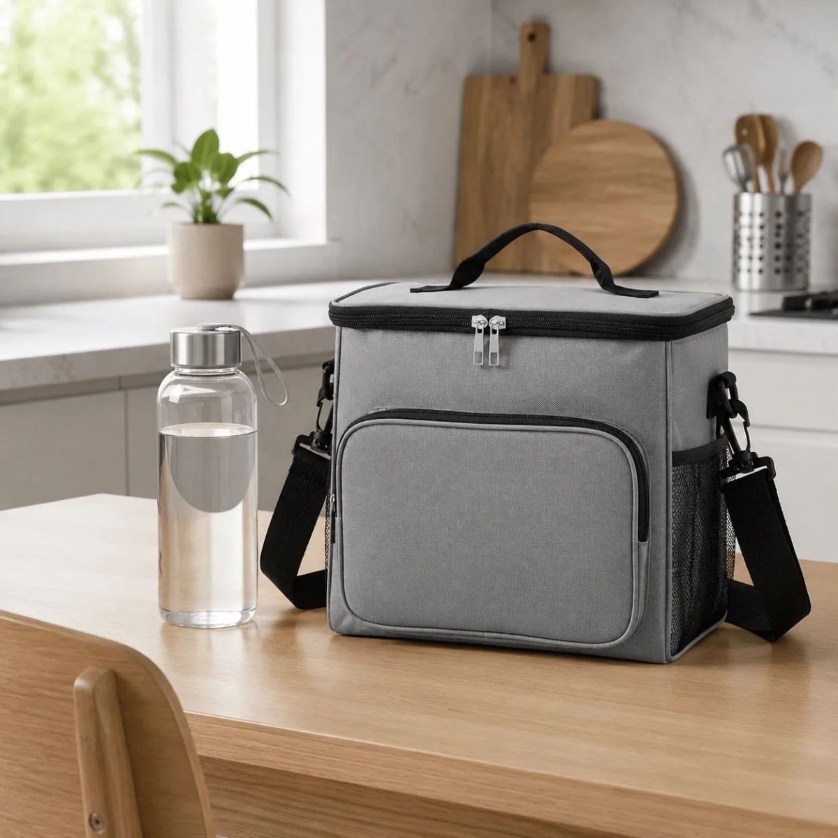 HOMESTAR - Lonchera térmica rectangular gris con correa