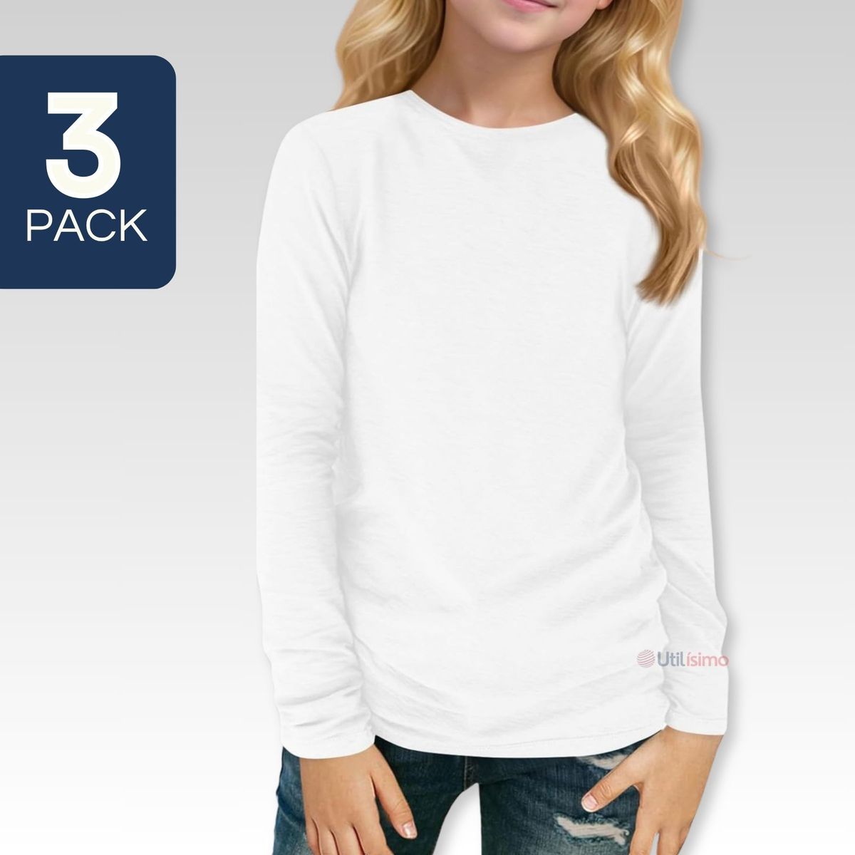 UTILISIMO - Pack 3 Camiseta Polar Manga Larga Primera Capa Niña Polera Blanco