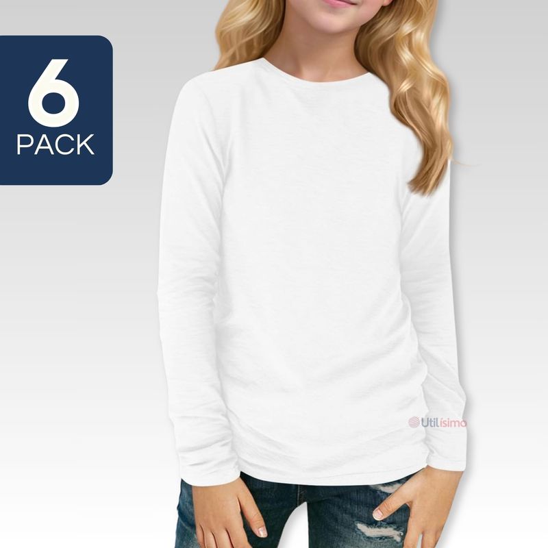 UTILISIMO - Pack 6 Camiseta Polar Manga Larga Primera Capa Niña Polera Blanco