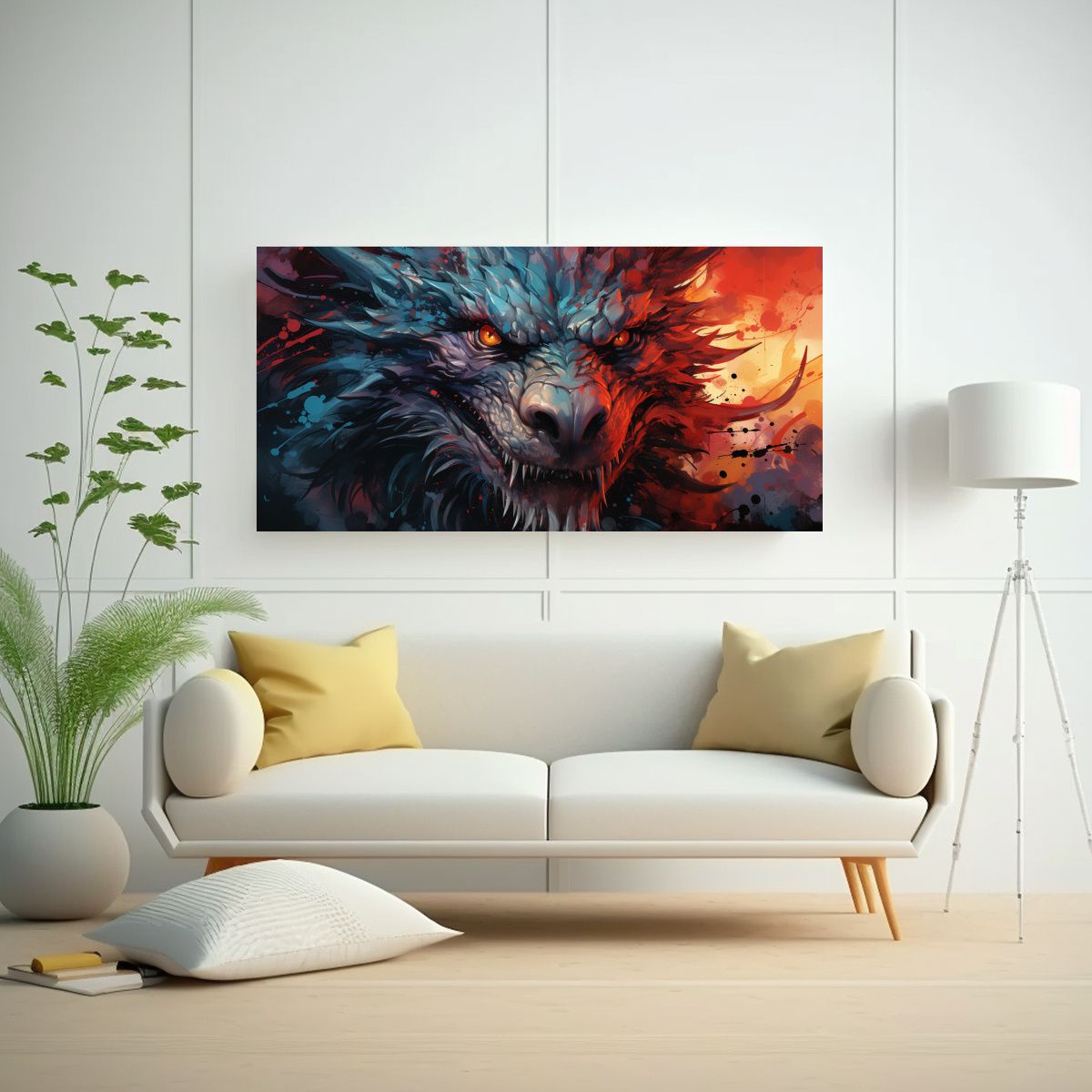 GENERICO - Cuadro De Tela Finas Líneas Dragón RojoAzul - 60x30 Cm