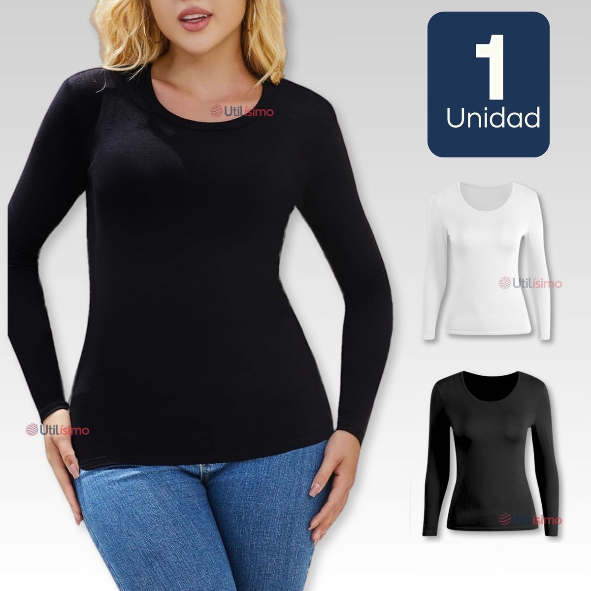 UTILISIMO - Camiseta Bambú  Manga Larga Primera Capa Mujer Polera Blanco y Negro