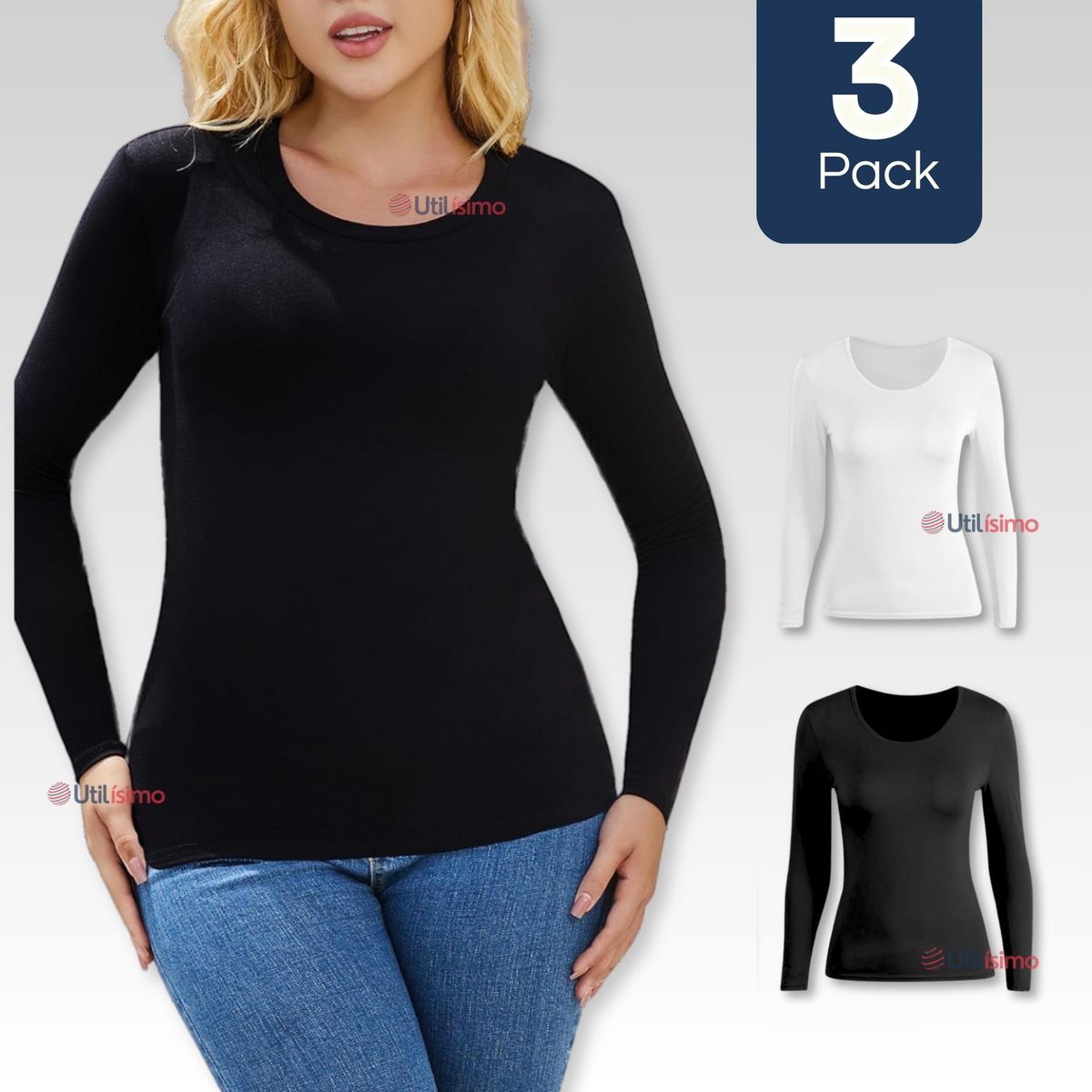UTILISIMO - Pack 3 Camiseta Bambú Manga Larga Primera Capa Mujer Polera Blanco y Negro