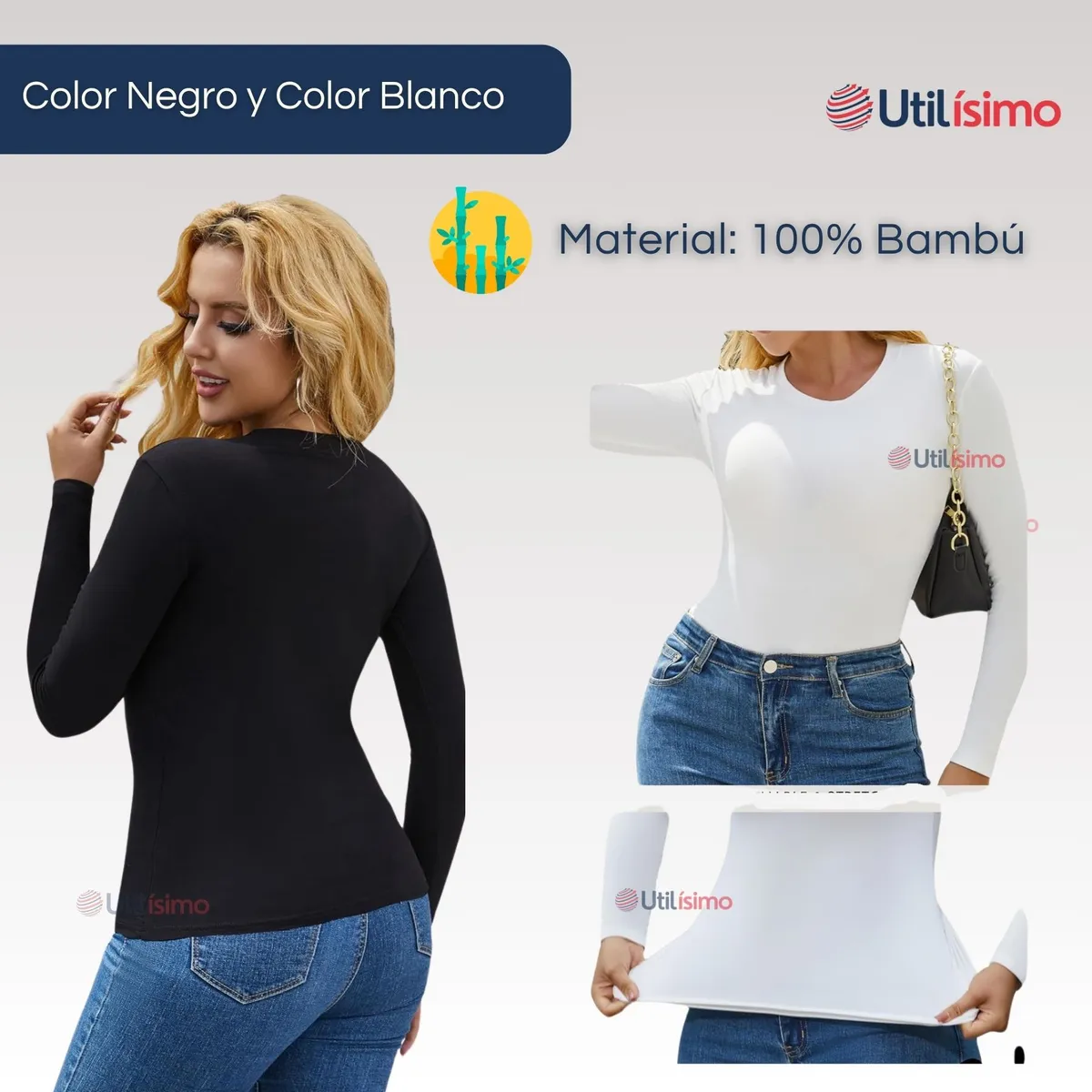 UTILISIMO - Pack 3 Camiseta Bambú Manga Larga Primera Capa Mujer Polera Blanco y Negro