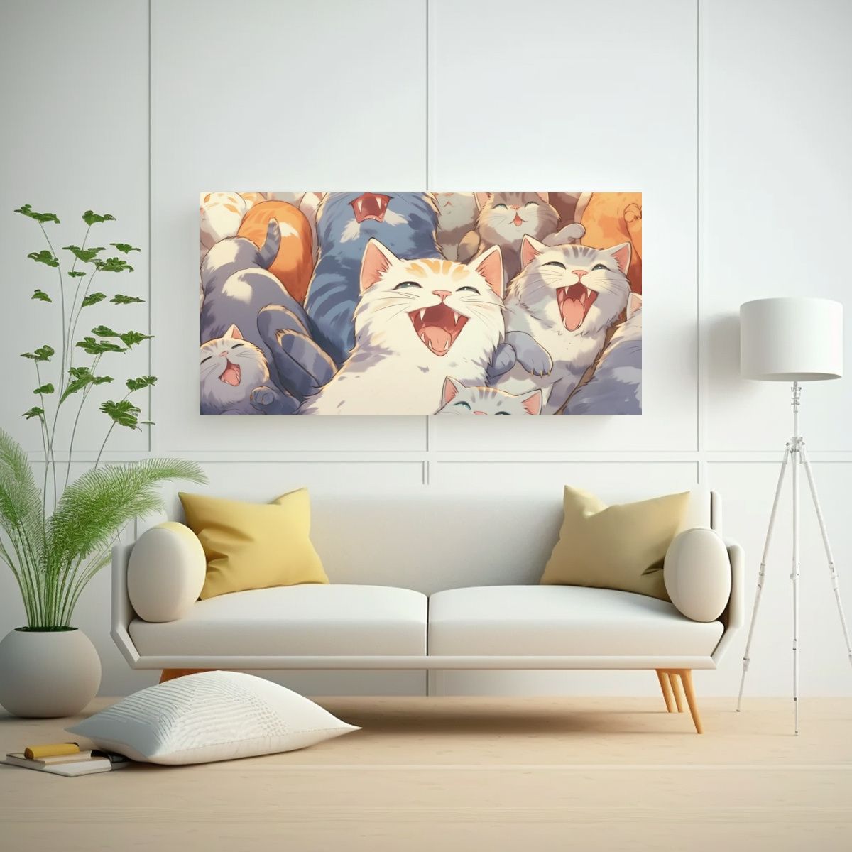GENERICO - Cuadro Horizontal Gatos Sonrientes En Decoración 60x30 Cm