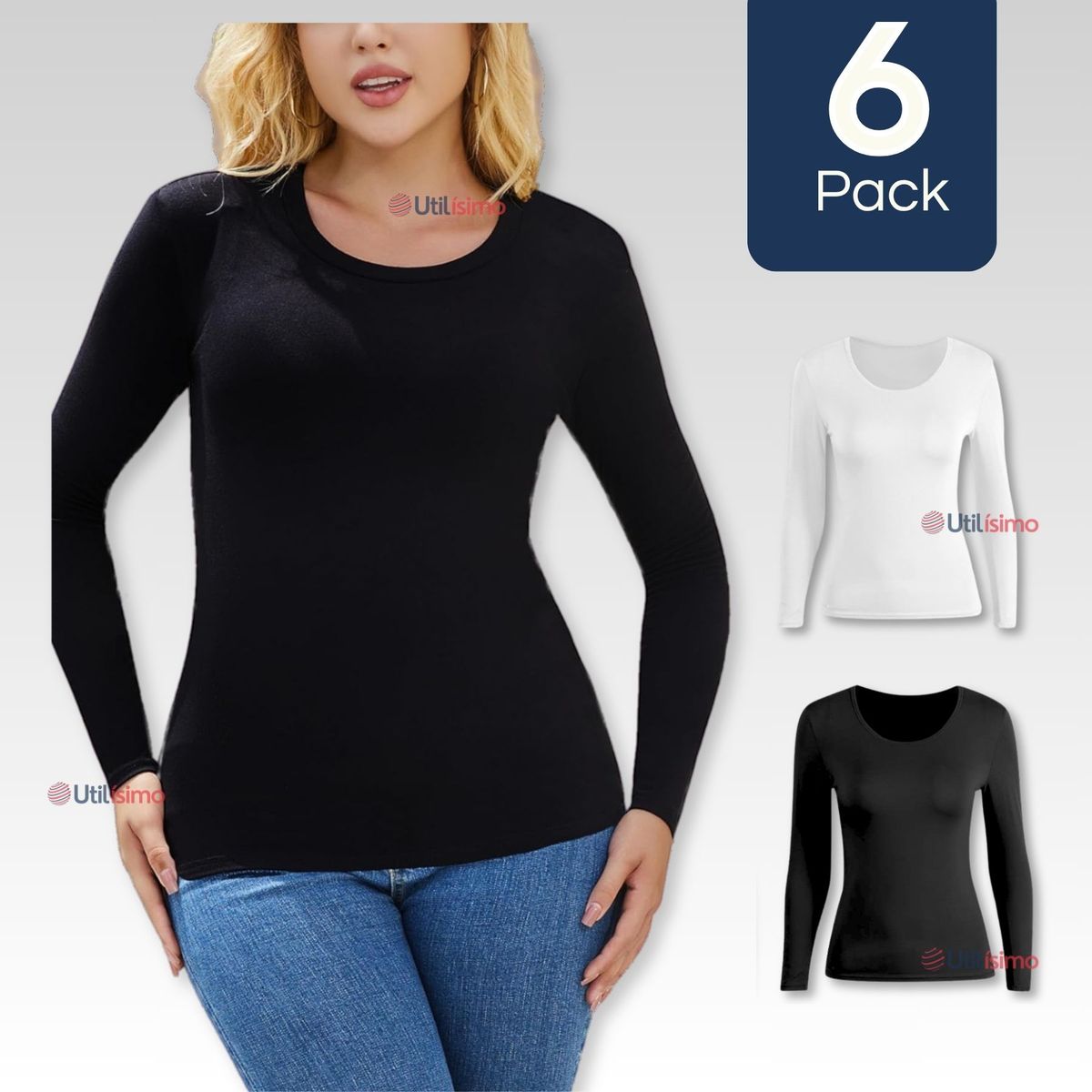 UTILISIMO - Pack 6 Camiseta Bambú  Manga Larga Primera Capa Mujer Polera Blanco y Negro