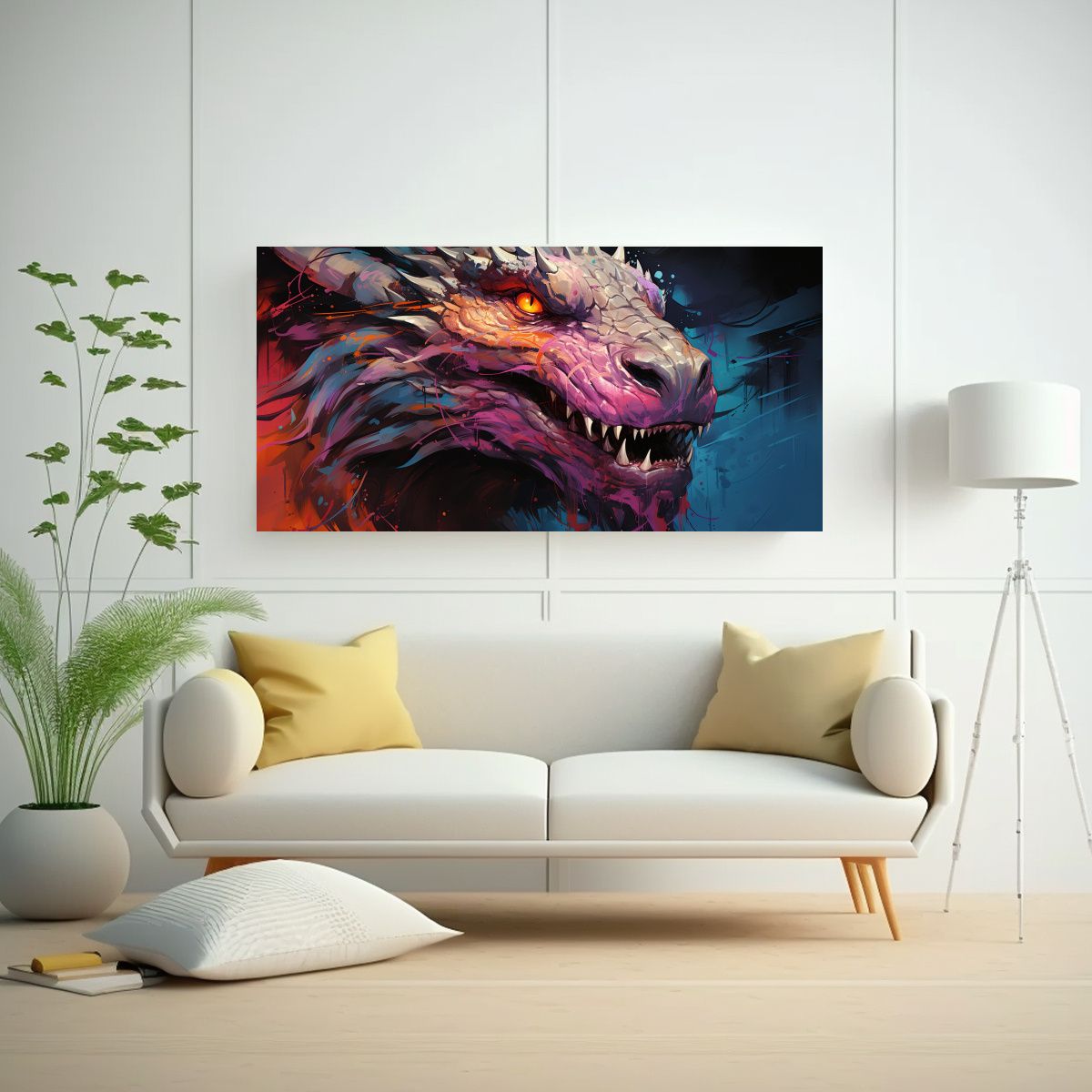GENERICO - Cuadro Tela Bastidor Imagen Dragón Naranja Y 80x40 Cm.
