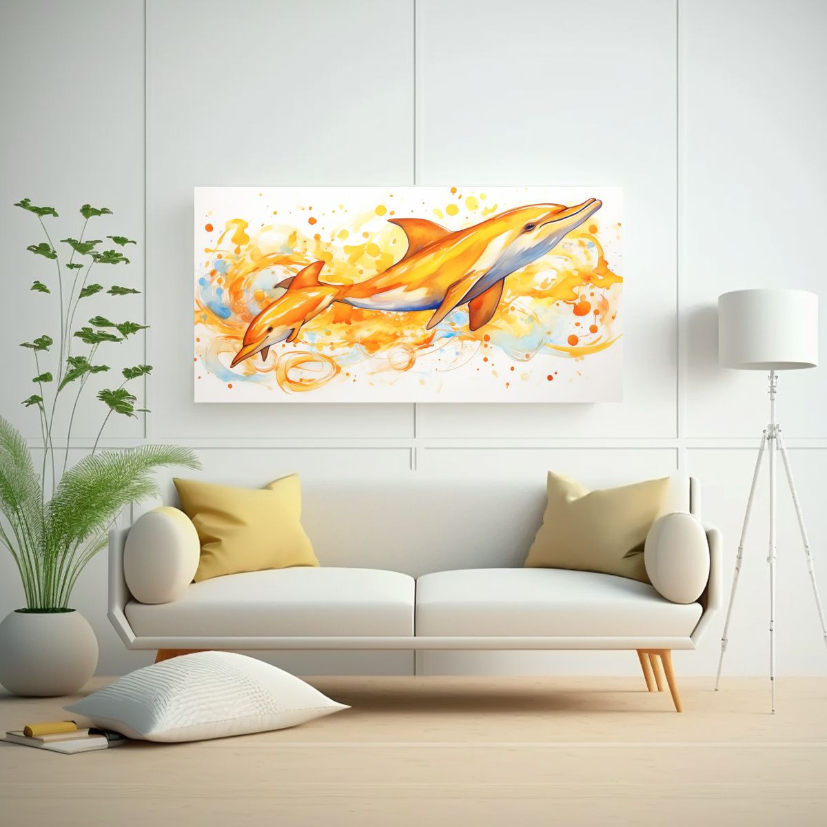 GENERICO - Cuadro De Tela Estética Con Delfines En Tonos 80x40 Cm