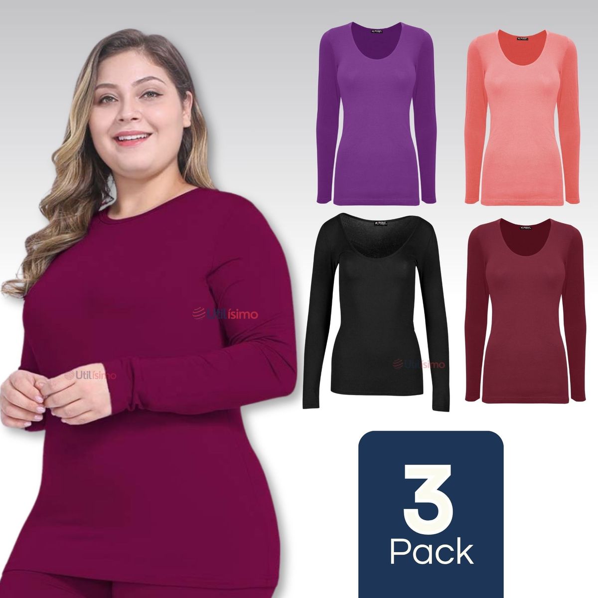 UTILISIMO - Pack 3 Camiseta Polar Manga Larga Primera Capa Mujer Polera Colores Surtidos